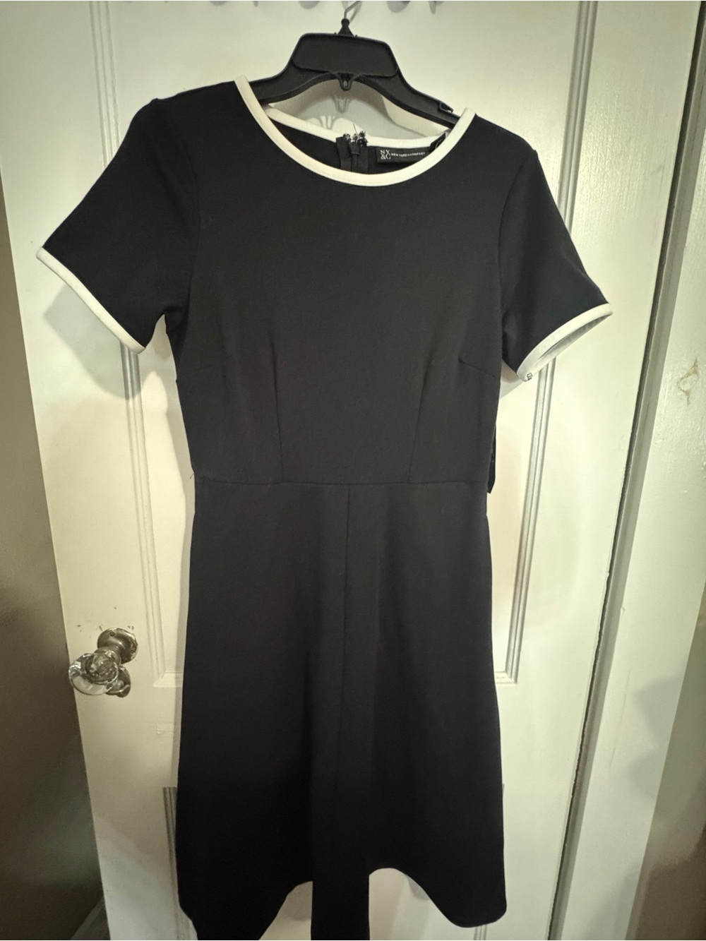 New York & Company Black Dress with White Trim and Tie Waist - Picture 3 of 4